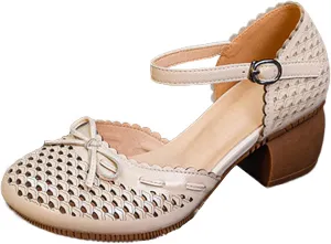 Women's Cowhide Leather Bow Chunky Heel Mary Jane Mid Block Heel Cut Out Soft Bottom Ankle Strap Buckle Dress Pumps Breathable Non Slip Nurse Walking Shoes