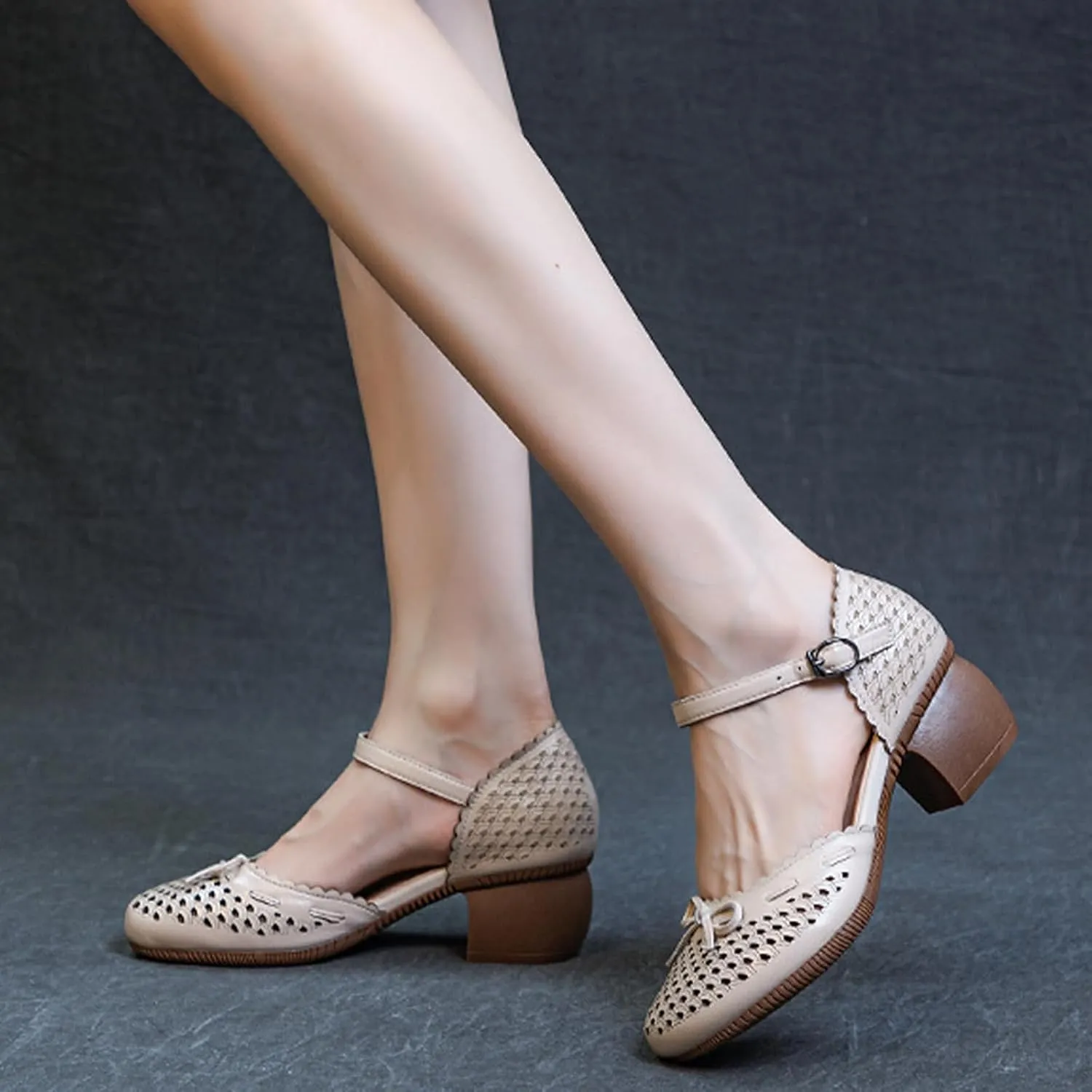 Women's Cowhide Leather Bow Chunky Heel Mary Jane Mid Block Heel Cut Out Soft Bottom Ankle Strap Buckle Dress Pumps Breathable Non Slip Nurse Walking Shoes