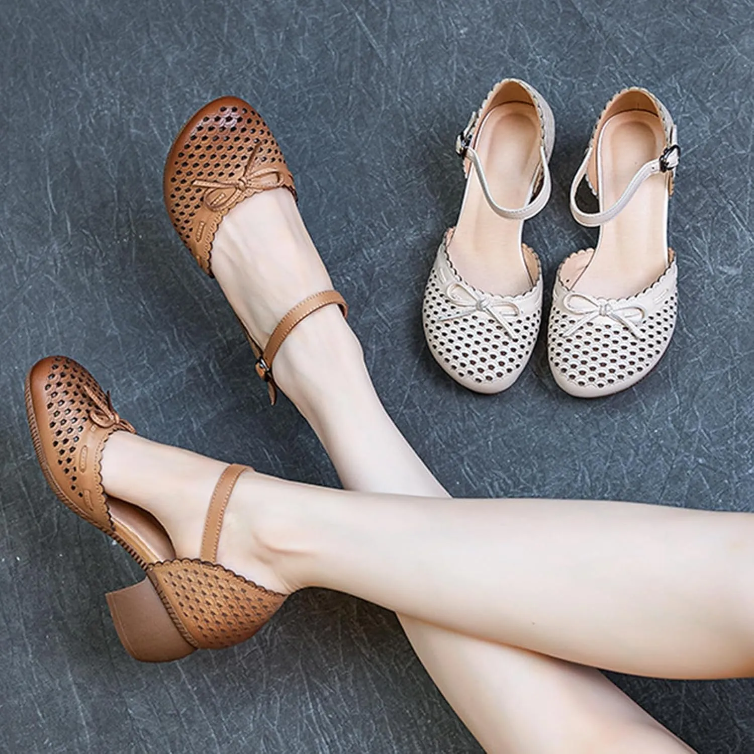 Women's Cowhide Leather Bow Chunky Heel Mary Jane Mid Block Heel Cut Out Soft Bottom Ankle Strap Buckle Dress Pumps Breathable Non Slip Nurse Walking Shoes