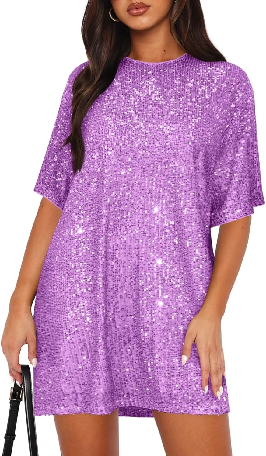 Women's Crew Neck Sequin Dress for Women Sexy V Neck Shirt Dress Sparkly Half Sleeve Loose Party Club Cocktail Dress