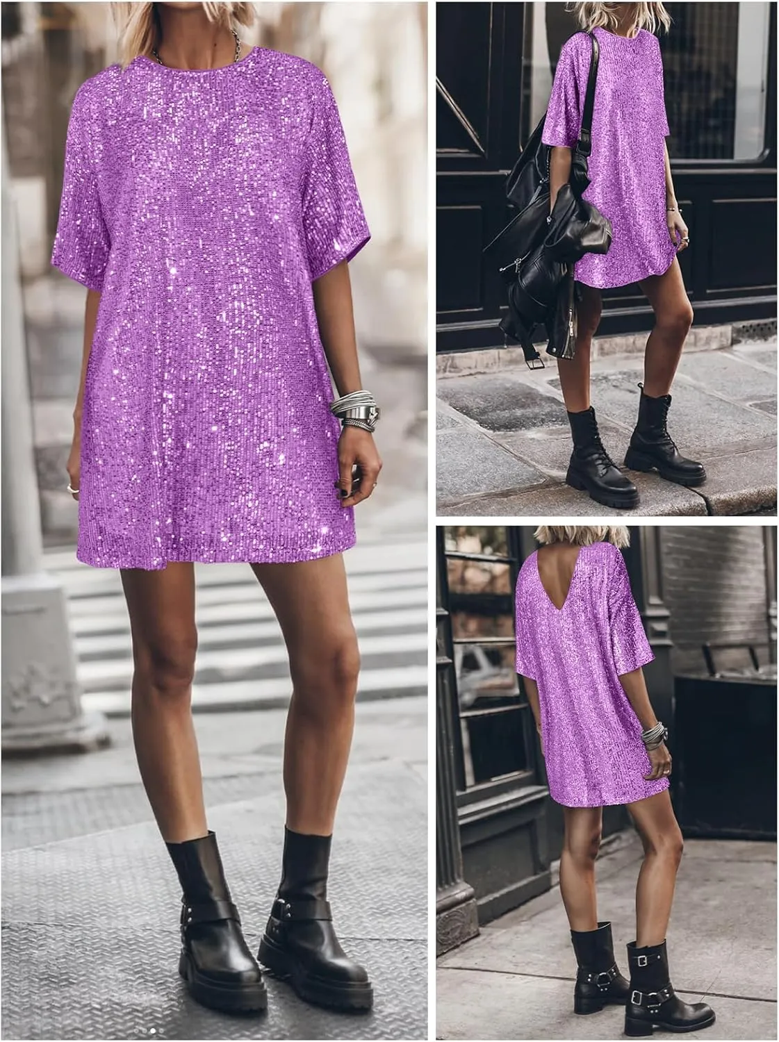 Women's Crew Neck Sequin Dress for Women Sexy V Neck Shirt Dress Sparkly Half Sleeve Loose Party Club Cocktail Dress
