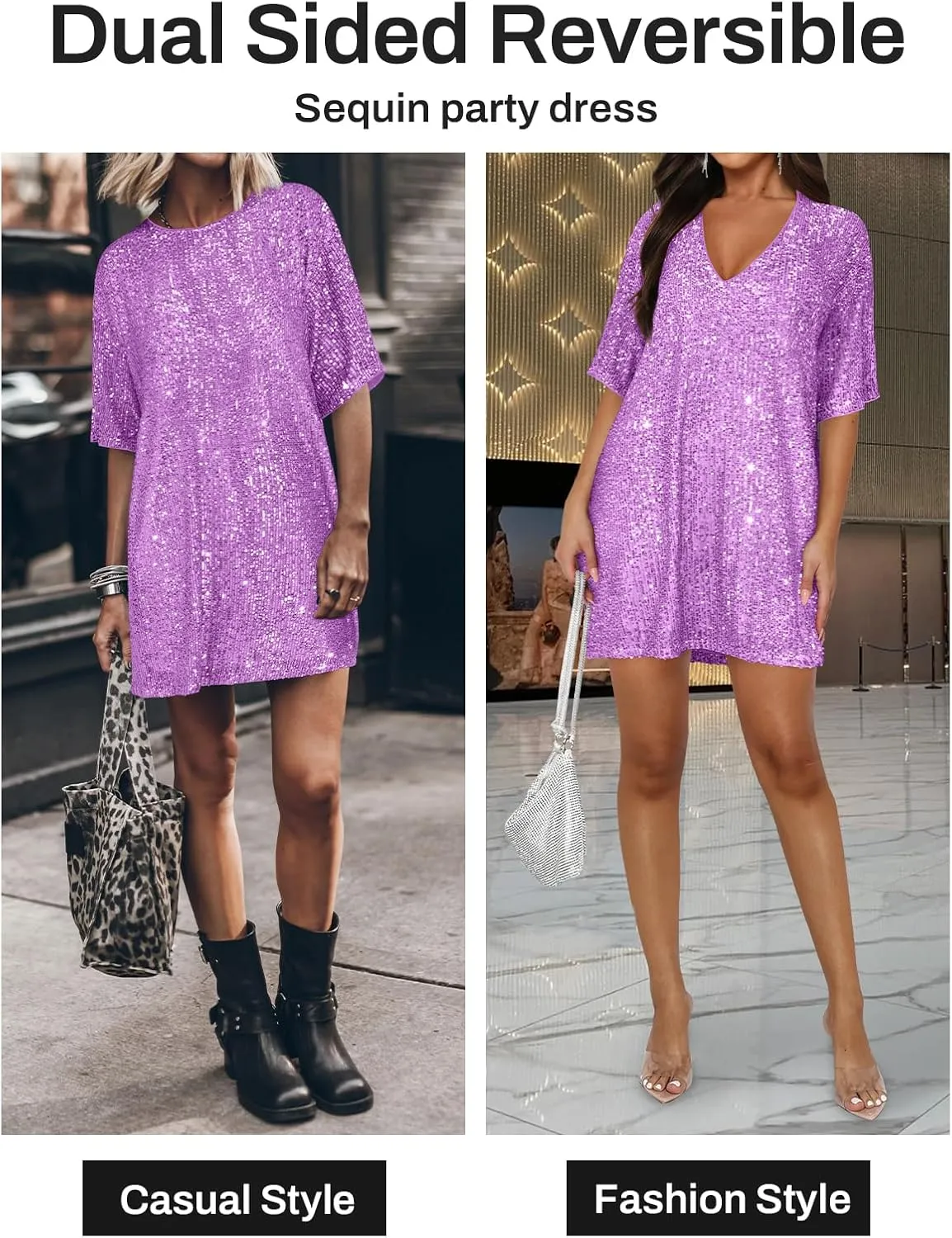 Women's Crew Neck Sequin Dress for Women Sexy V Neck Shirt Dress Sparkly Half Sleeve Loose Party Club Cocktail Dress