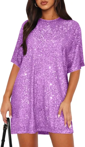 Women's Crew Neck Sequin Dress for Women Sexy V Neck Shirt Dress Sparkly Half Sleeve Loose Party Club Cocktail Dress