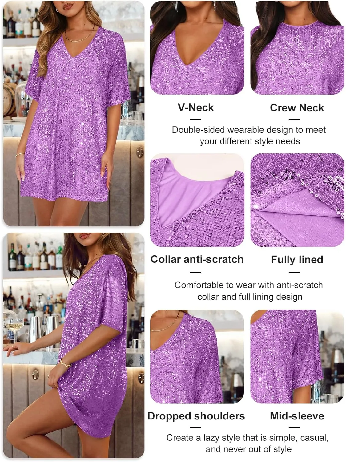 Women's Crew Neck Sequin Dress for Women Sexy V Neck Shirt Dress Sparkly Half Sleeve Loose Party Club Cocktail Dress