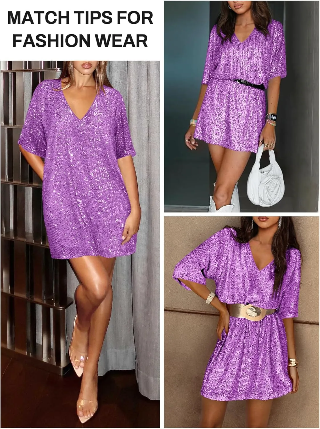 Women's Crew Neck Sequin Dress for Women Sexy V Neck Shirt Dress Sparkly Half Sleeve Loose Party Club Cocktail Dress