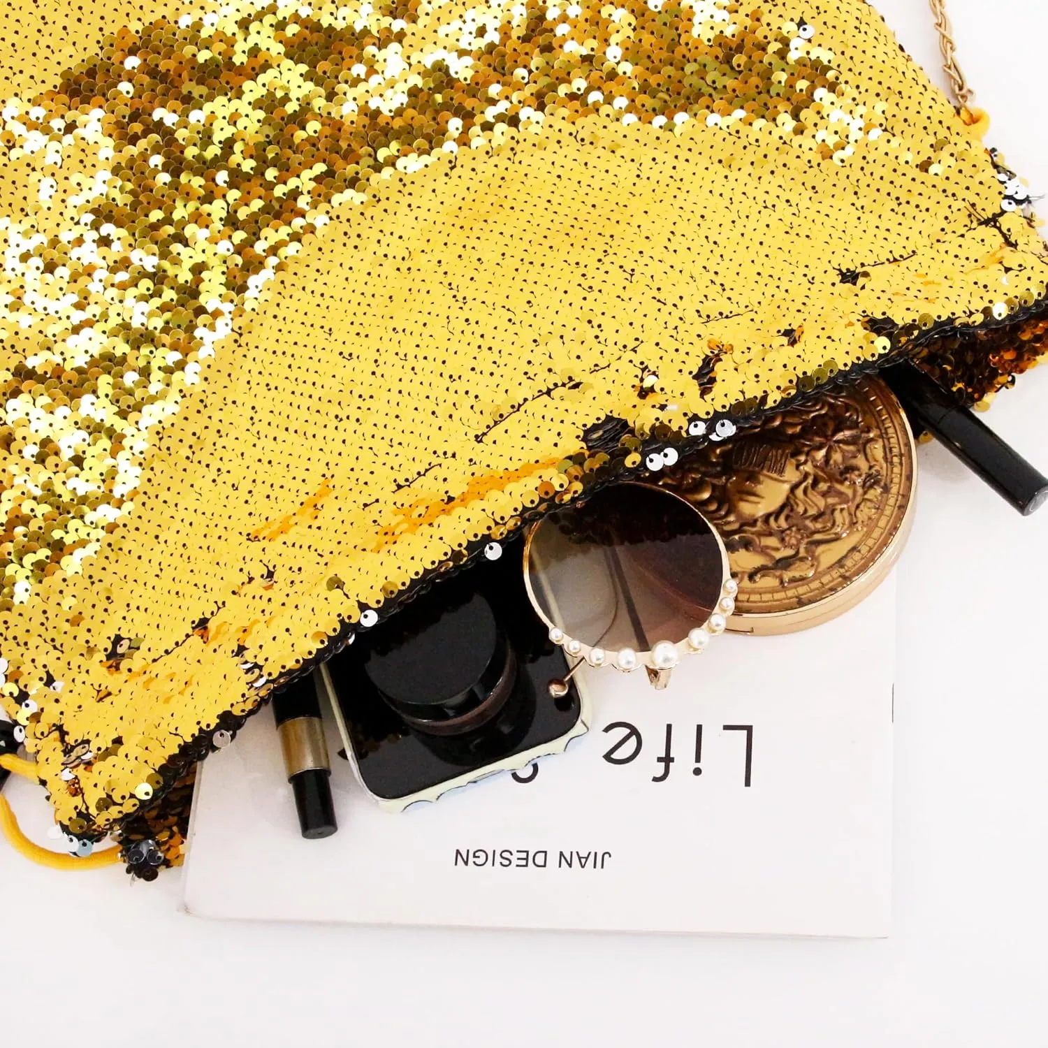 Womens Dazzling Clutch Handbag Purse Delicate Reversible Sequin Drawstring Shoulder Bag Large Capacity Tote Bag