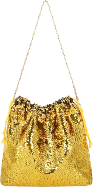 Womens Dazzling Clutch Handbag Purse Delicate Reversible Sequin Drawstring Shoulder Bag Large Capacity Tote Bag