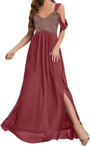 Women's Deep V Neck Backless Sleeveless Split Thigh Chiffon Dress Party Prom Bridesmaid Dresses