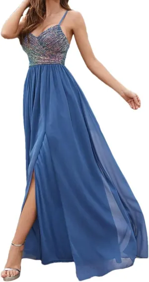 Women's Deep V Neck Chiffon Sequin Evening Gown Sleeveless Backless Bridesmaid Dress