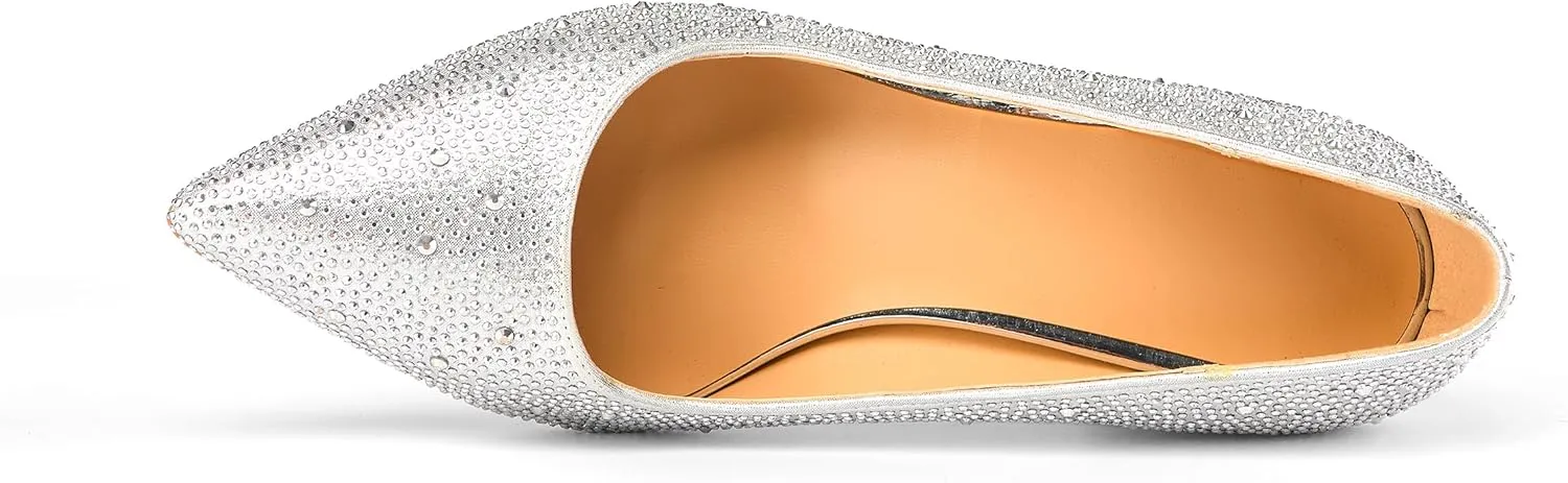 Women's Fashion Sparkly Rhinestone Low Block Heel Pumps Shoes Bling Dressy Suede Pointed Toe Slip-on Chunky Heels for Wedding Party