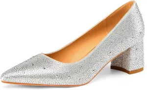 Women's Fashion Sparkly Rhinestone Low Block Heel Pumps Shoes Bling Dressy Suede Pointed Toe Slip-on Chunky Heels for Wedding Party