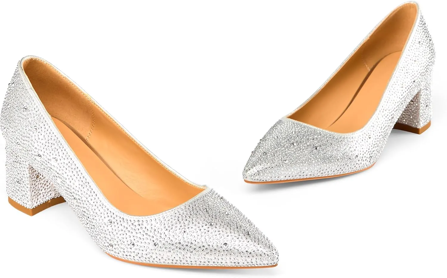 Women's Fashion Sparkly Rhinestone Low Block Heel Pumps Shoes Bling Dressy Suede Pointed Toe Slip-on Chunky Heels for Wedding Party