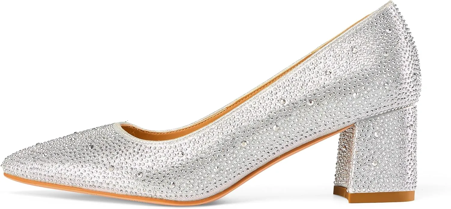 Women's Fashion Sparkly Rhinestone Low Block Heel Pumps Shoes Bling Dressy Suede Pointed Toe Slip-on Chunky Heels for Wedding Party