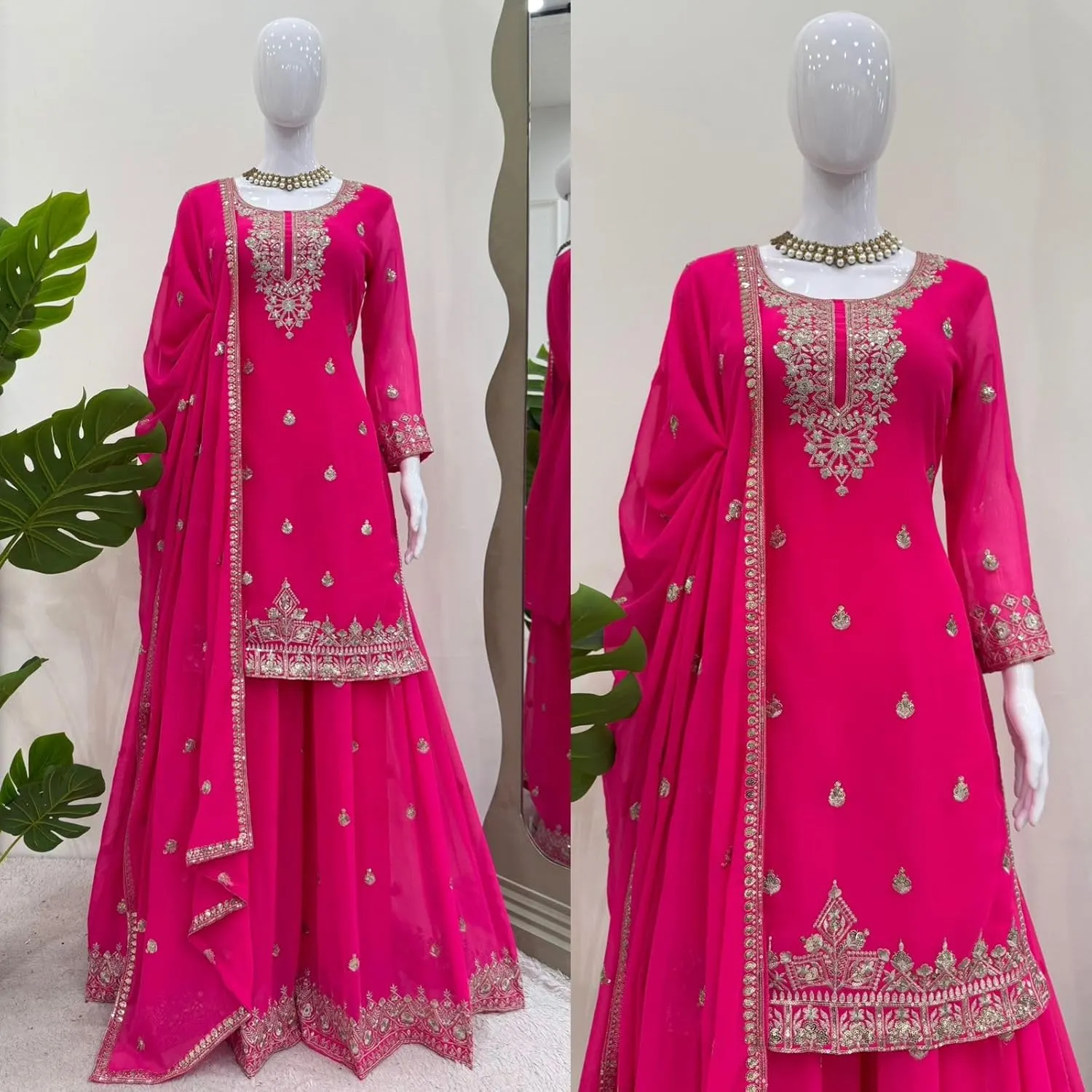 Women's Faux Georgette Embroidered Suit Set with Plazo & Dupatta | Thread Sequins Work | Party & Festive Wear
