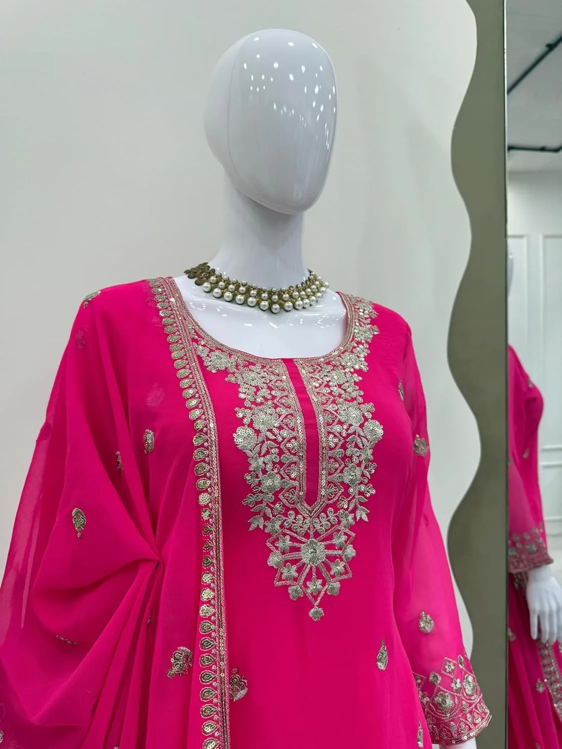 Women's Faux Georgette Embroidered Suit Set with Plazo & Dupatta | Thread Sequins Work | Party & Festive Wear