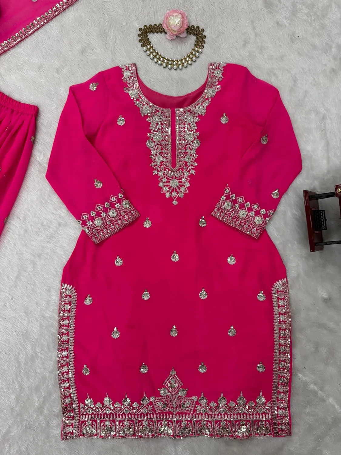 Women's Faux Georgette Embroidered Suit Set with Plazo & Dupatta | Thread Sequins Work | Party & Festive Wear