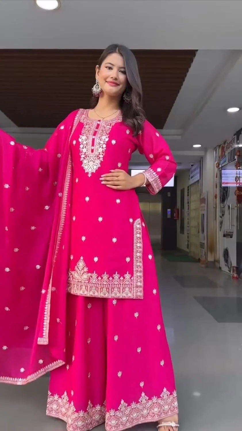 Women's Faux Georgette Embroidered Suit Set with Plazo & Dupatta | Thread Sequins Work | Party & Festive Wear