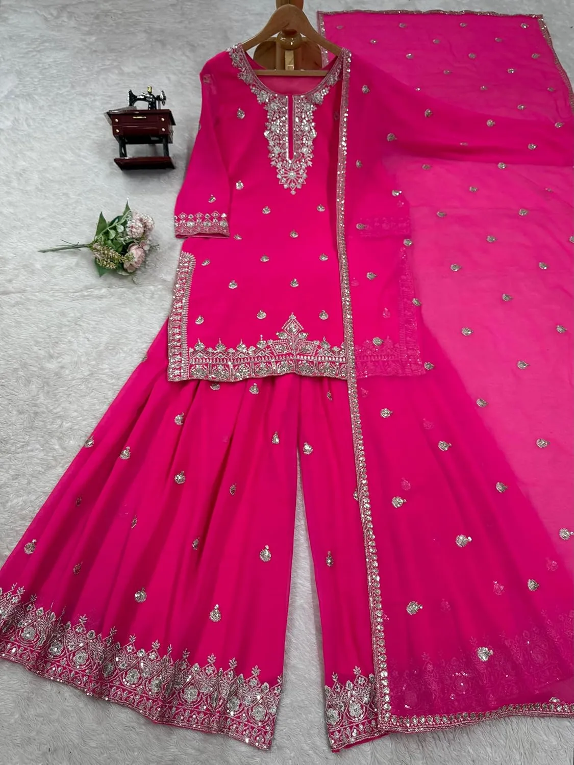 Women's Faux Georgette Embroidered Suit Set with Plazo & Dupatta | Thread Sequins Work | Party & Festive Wear