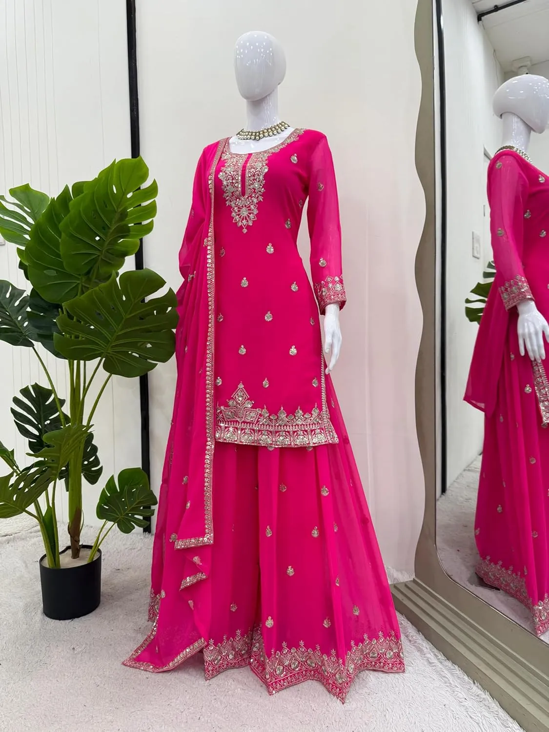 Women's Faux Georgette Embroidered Suit Set with Plazo & Dupatta | Thread Sequins Work | Party & Festive Wear
