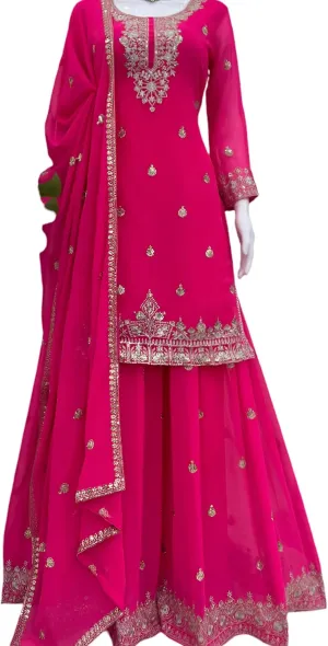 Women's Faux Georgette Embroidered Suit Set with Plazo & Dupatta | Thread Sequins Work | Party & Festive Wear