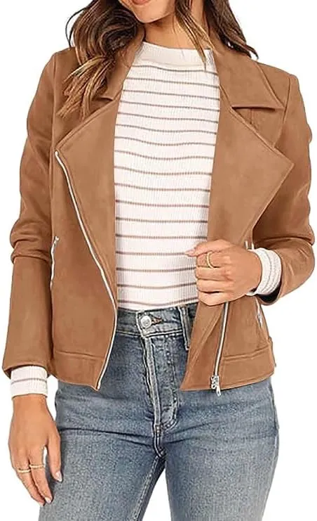 Women's Faux Suede Jacket 2024 Fall Long Sleeve Zipper Lapel Cropped Coat with Pockets Y2K Moto Jackets Outwear