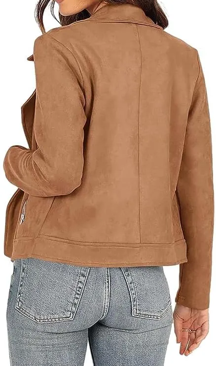 Women's Faux Suede Jacket 2024 Fall Long Sleeve Zipper Lapel Cropped Coat with Pockets Y2K Moto Jackets Outwear
