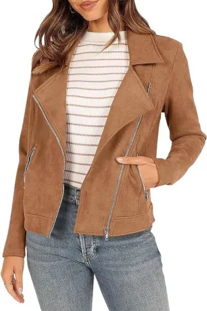 Women's Faux Suede Jacket 2024 Fall Long Sleeve Zipper Lapel Cropped Coat with Pockets Y2K Moto Jackets Outwear