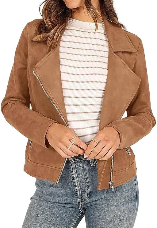 Women's Faux Suede Jacket 2024 Fall Long Sleeve Zipper Lapel Cropped Coat with Pockets Y2K Moto Jackets Outwear