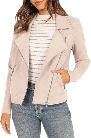 Women's Faux Suede Jacket 2024 Fall Long Sleeve Zipper Lapel Cropped Coat with Pockets Y2K Moto Jackets Outwear
