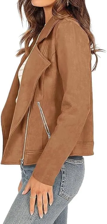 Women's Faux Suede Jacket 2024 Fall Long Sleeve Zipper Lapel Cropped Coat with Pockets Y2K Moto Jackets Outwear