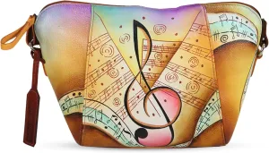 Women’s Hand Painted Genuine Leather Golden Brown Musical Sling, Crossbody, Shoulder Bag, Designer, Trendy, light weight Zipper Top Purse
