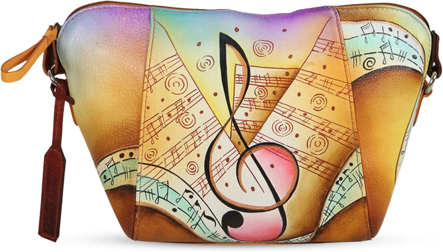 Women’s Hand Painted Genuine Leather Golden Brown Musical Sling, Crossbody, Shoulder Bag, Designer, Trendy, light weight Zipper Top Purse