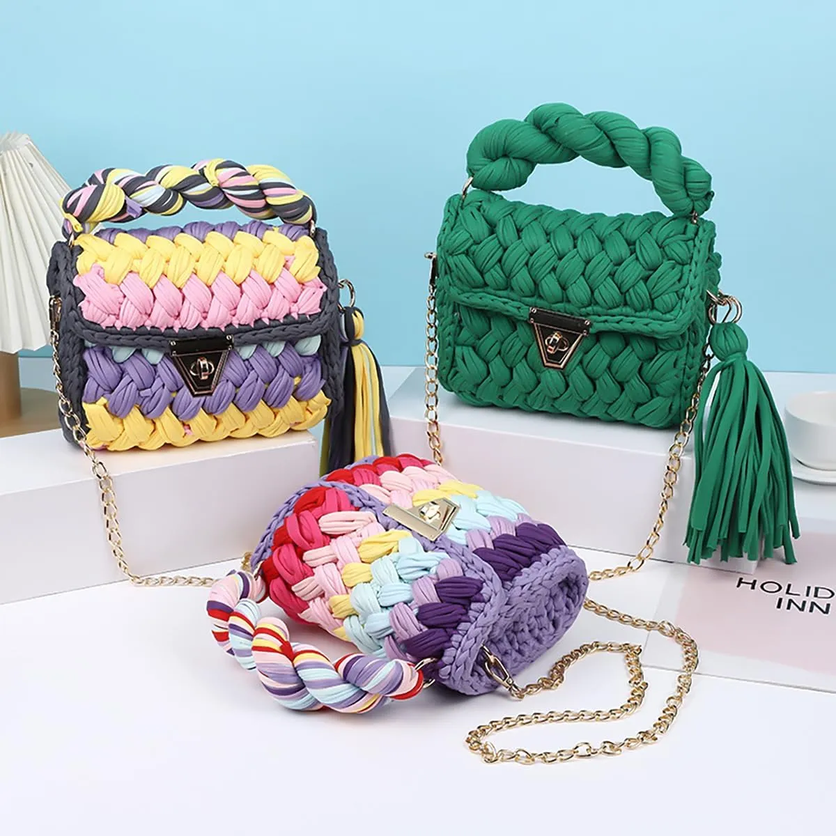 Women's Handwoven Tote Chunky Yarn Crochet Crossbody Shoulder Bag DIY Knot Purse Knit Woven Handbag Evening Clutch