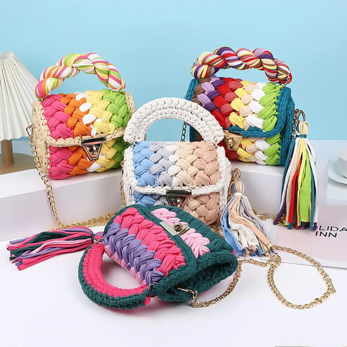 Women's Handwoven Tote Chunky Yarn Crochet Crossbody Shoulder Bag DIY Knot Purse Knit Woven Handbag Evening Clutch