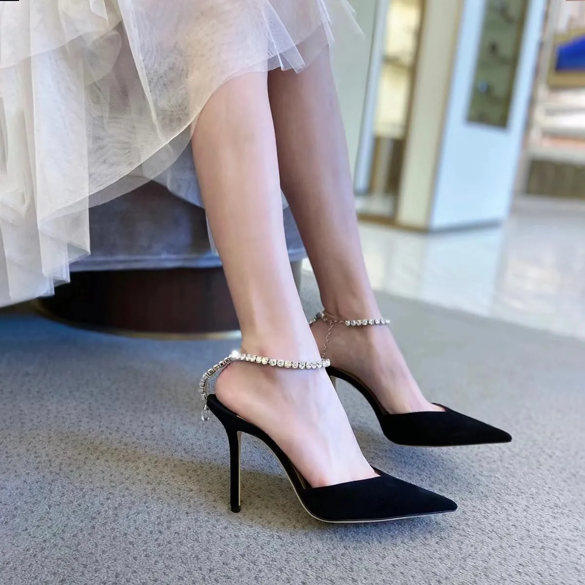 Women's Heeled Sandals Crystal Chain Ankle Straps Rhinestones Buckle High Heels Stiletto Slip On Wedding Party Satin Dress Shoes 3.9 IN