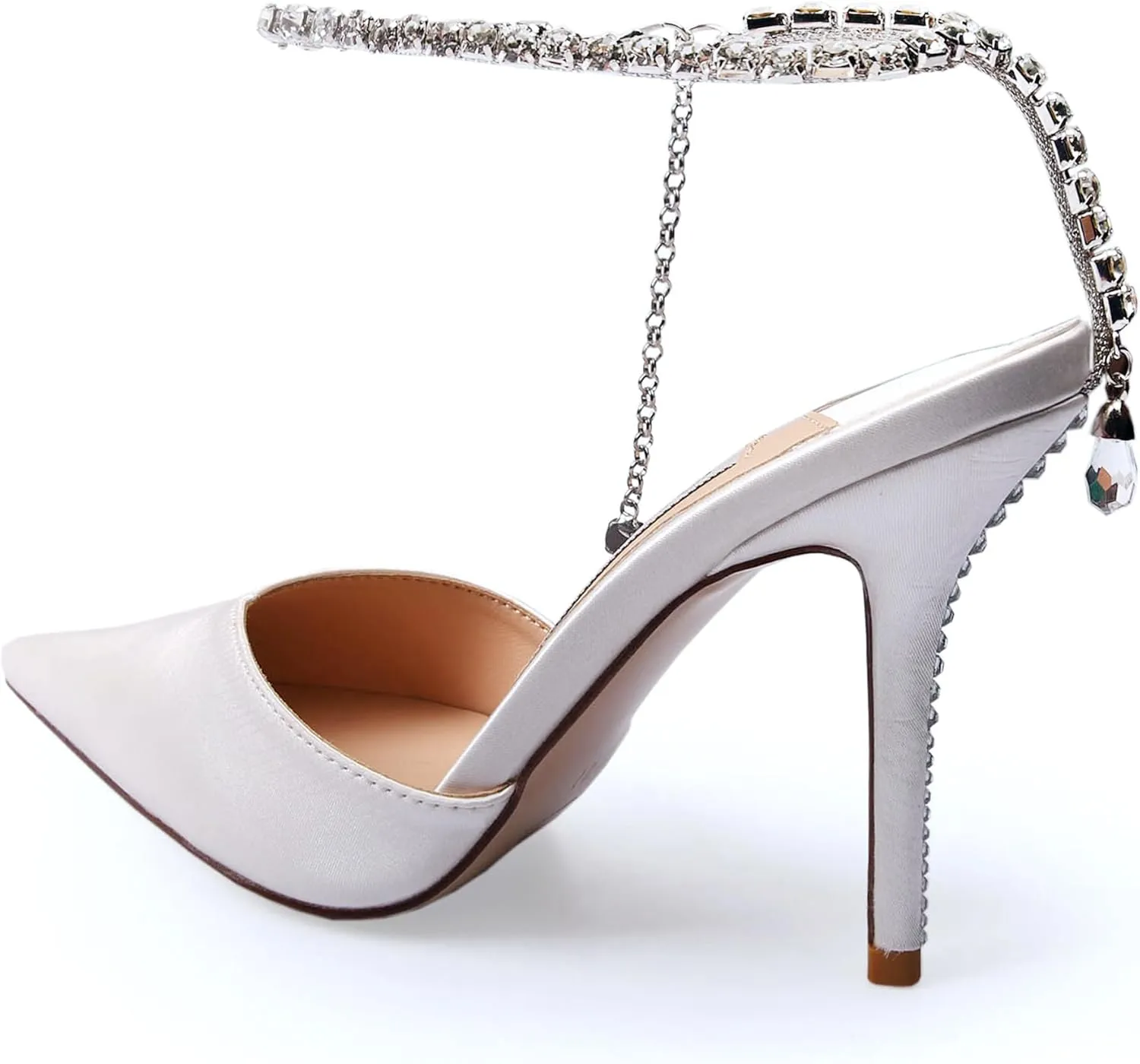 Women's Heeled Sandals Crystal Chain Ankle Straps Rhinestones Buckle High Heels Stiletto Slip On Wedding Party Satin Dress Shoes 3.9 IN