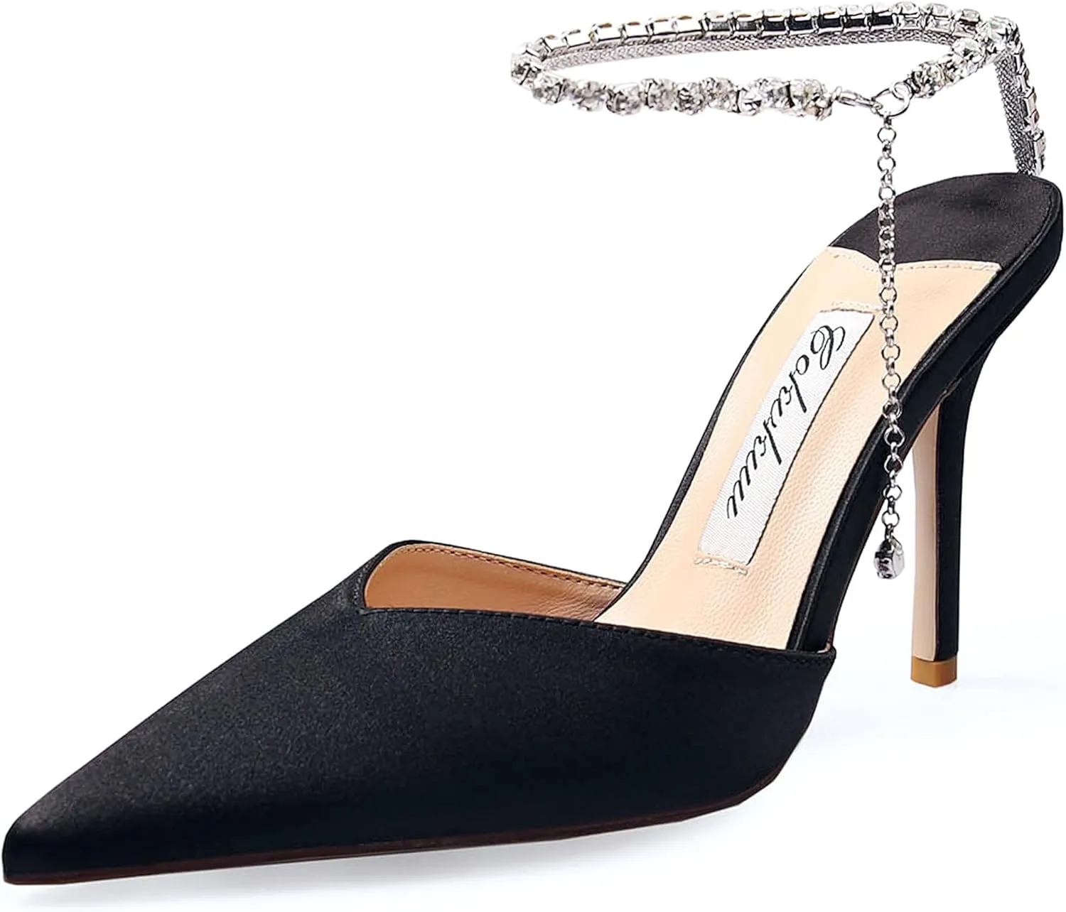 Women's Heeled Sandals Crystal Chain Ankle Straps Rhinestones Buckle High Heels Stiletto Slip On Wedding Party Satin Dress Shoes 3.9 IN
