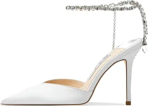 Women's Heeled Sandals Crystal Chain Ankle Straps Rhinestones Buckle High Heels Stiletto Slip On Wedding Party Satin Dress Shoes 3.9 IN