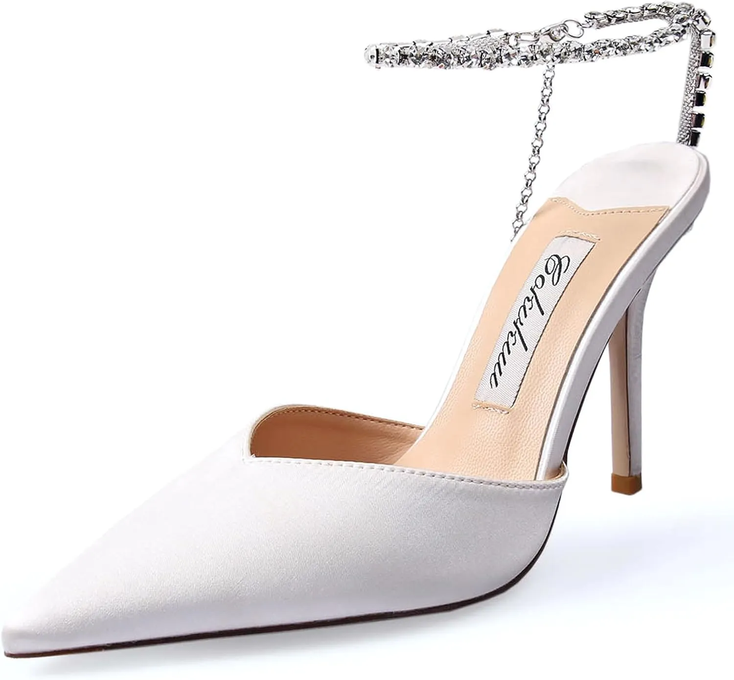 Women's Heeled Sandals Crystal Chain Ankle Straps Rhinestones Buckle High Heels Stiletto Slip On Wedding Party Satin Dress Shoes 3.9 IN