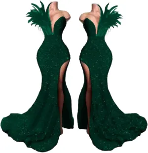 Women's High Split Feathers Sexy Sequins Prom Dress Deep V Neck Off Shoulder Gowns Celebrity Cocktail Evening Party Gown