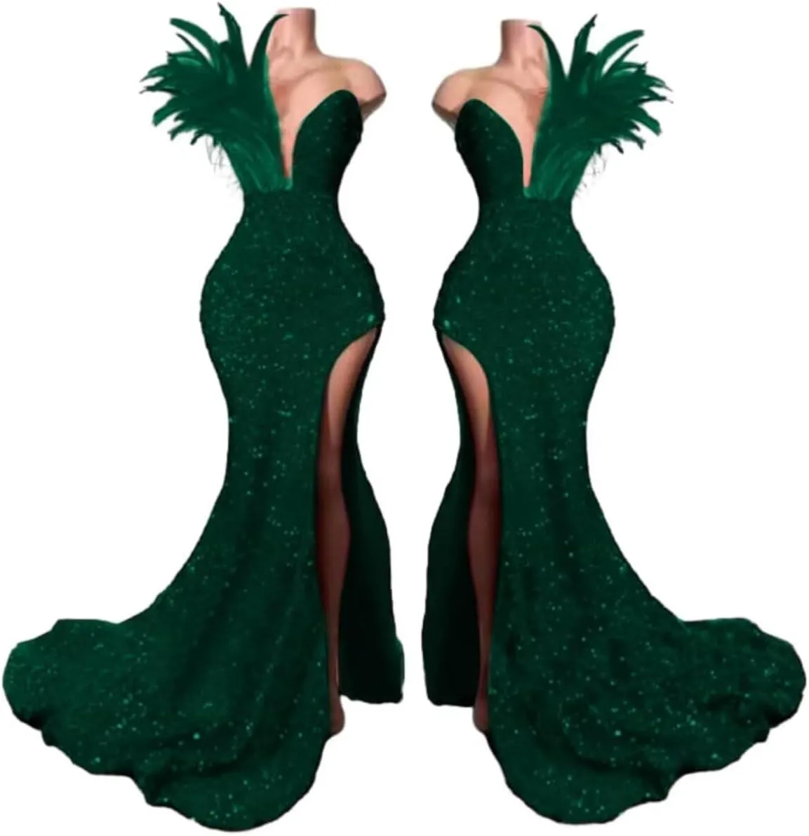 Women's High Split Feathers Sexy Sequins Prom Dress Deep V Neck Off Shoulder Gowns Celebrity Cocktail Evening Party Gown