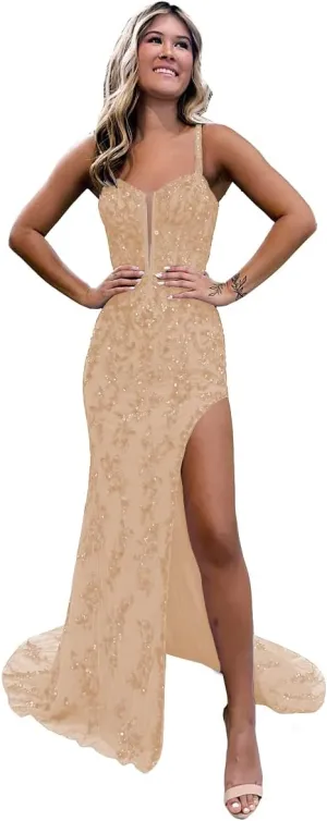 Women's Lace Applicque Spaghetti Strap Prom Dresses with Slit Tulle Mermaid Long Ball Gowns DI015