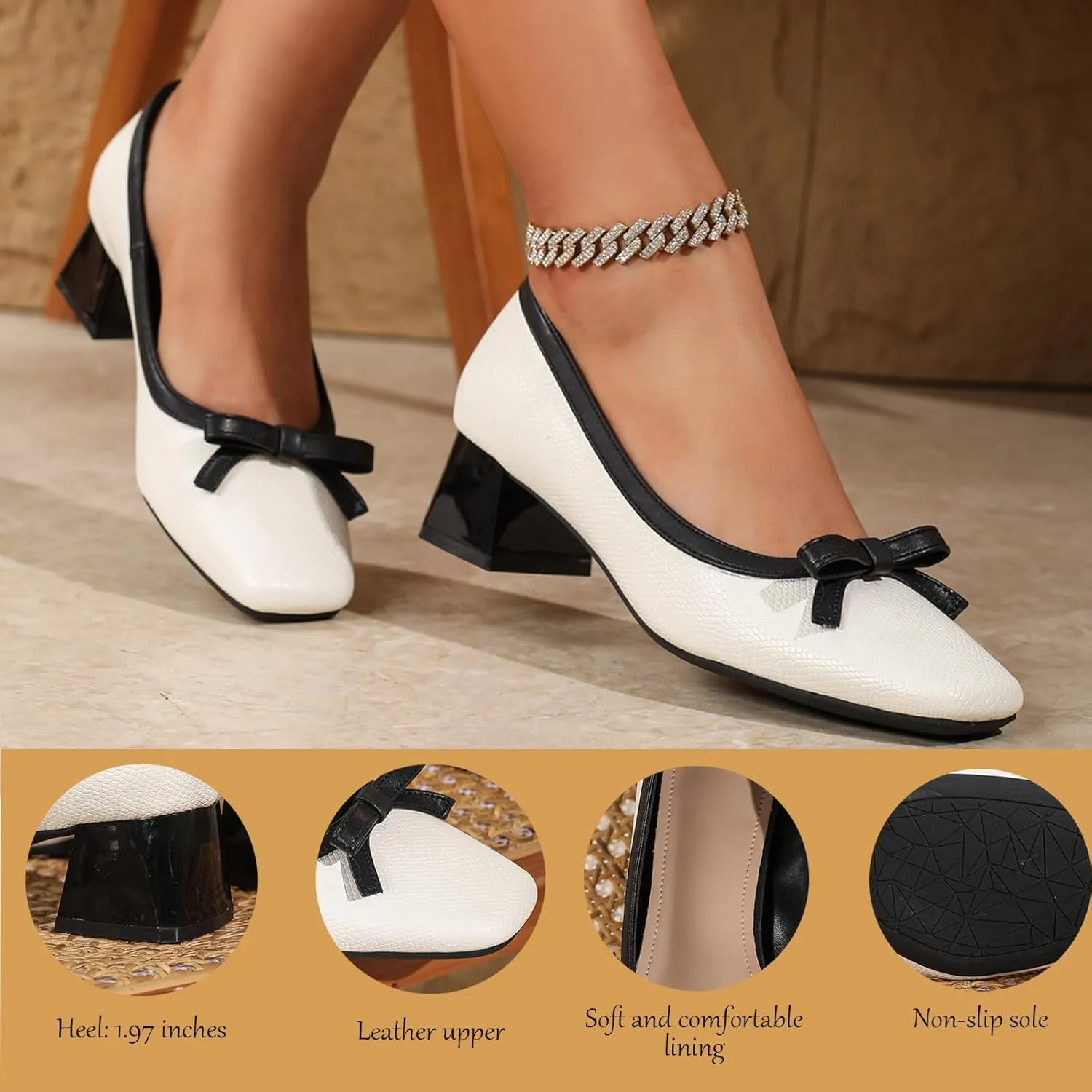 Women's Leather Bow Chunky Heel Pumps Fashion Closed Square Toe Block Heel Slip-On Shallow Wedding Shoes Party Dance Work Formal Shoes