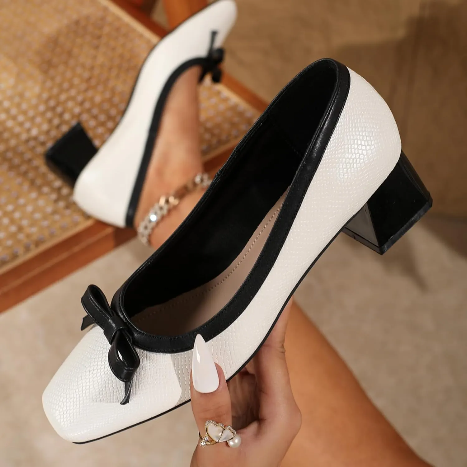 Women's Leather Bow Chunky Heel Pumps Fashion Closed Square Toe Block Heel Slip-On Shallow Wedding Shoes Party Dance Work Formal Shoes
