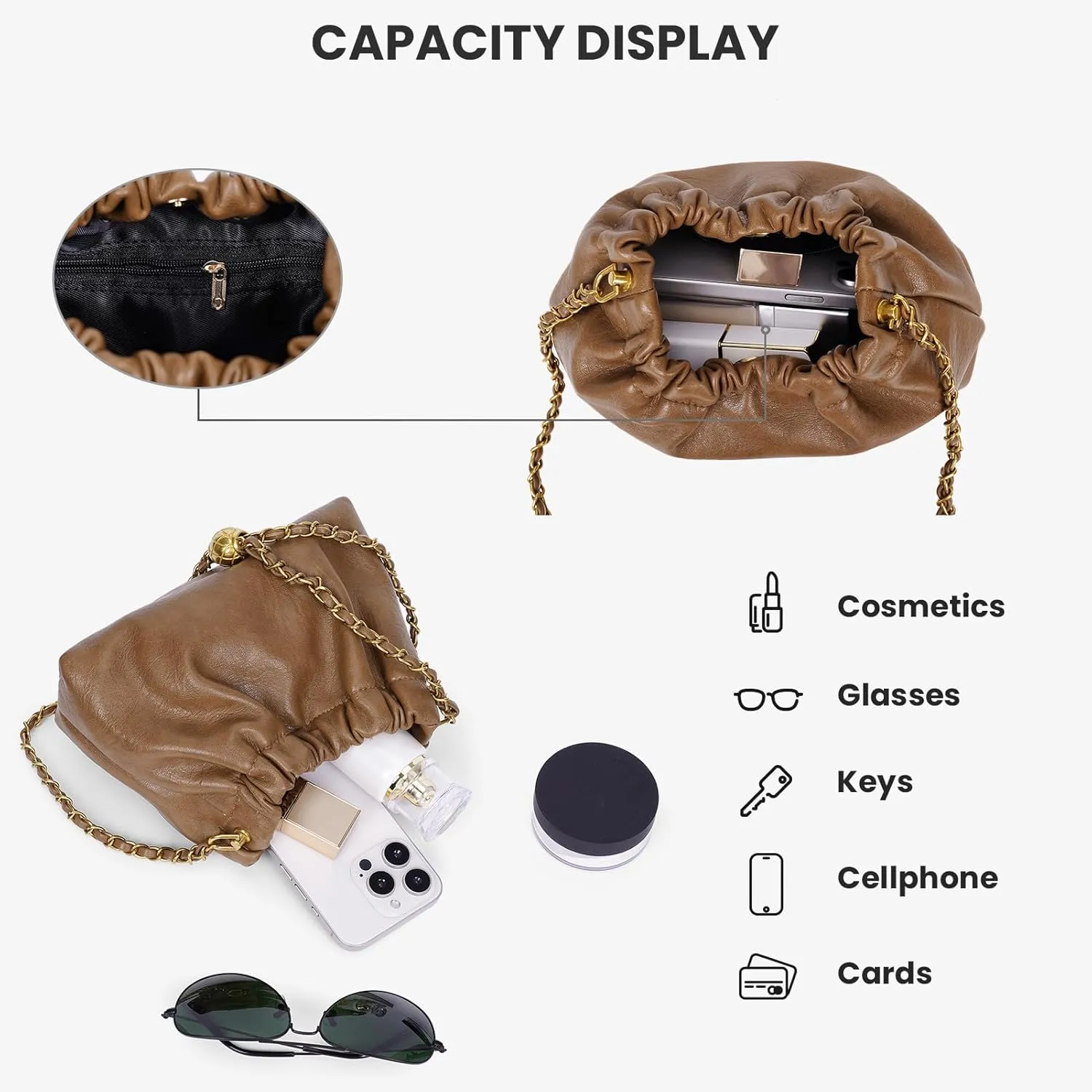 Womens Leather Chain Hobo Bag Tote Shoulder Handbag Crossbody Bags Trendy Drawstring Small Bag Dating Tote Purse