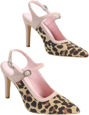 Women's Leopard-Print High-Heel Sandals | Pointed-Toe Pink Faux-Suede Strap Pumps with Metal Buckles | Slender Heel Party Date Shoes | 2025 Trendy Bold & Sweet Dress Heels