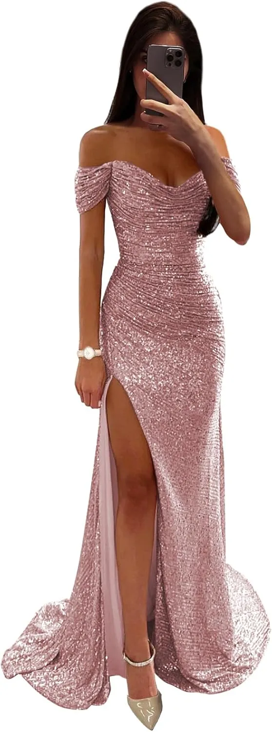Women's Mermaid Prom Dress with Slit Pleated Sequin Sparkly Long Evening Formal Dresses