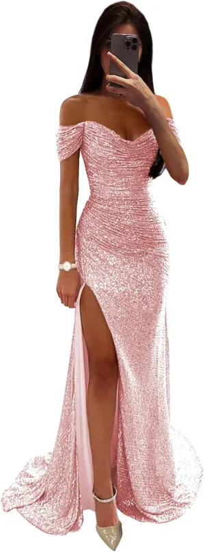 Women's Mermaid Prom Dress with Slit Pleated Sequin Sparkly Long Evening Formal Dresses