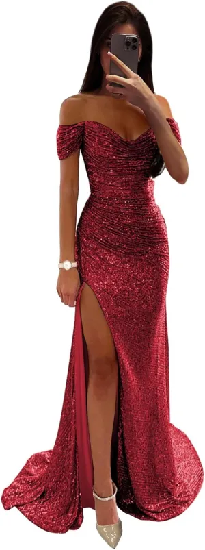Women's Mermaid Prom Dress with Slit Pleated Sequin Sparkly Long Evening Formal Dresses