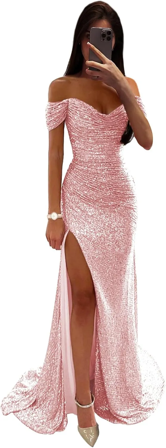 Women's Mermaid Prom Dress with Slit Pleated Sequin Sparkly Long Evening Formal Dresses